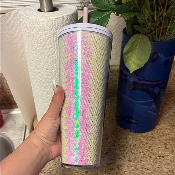 Starbucks | Sequin White Tumbler with Pink Straw and Green Logo - Picture 9 of 16